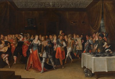 Een interieur met elegante figuren op een bruiloft door Hieronymous Francken II